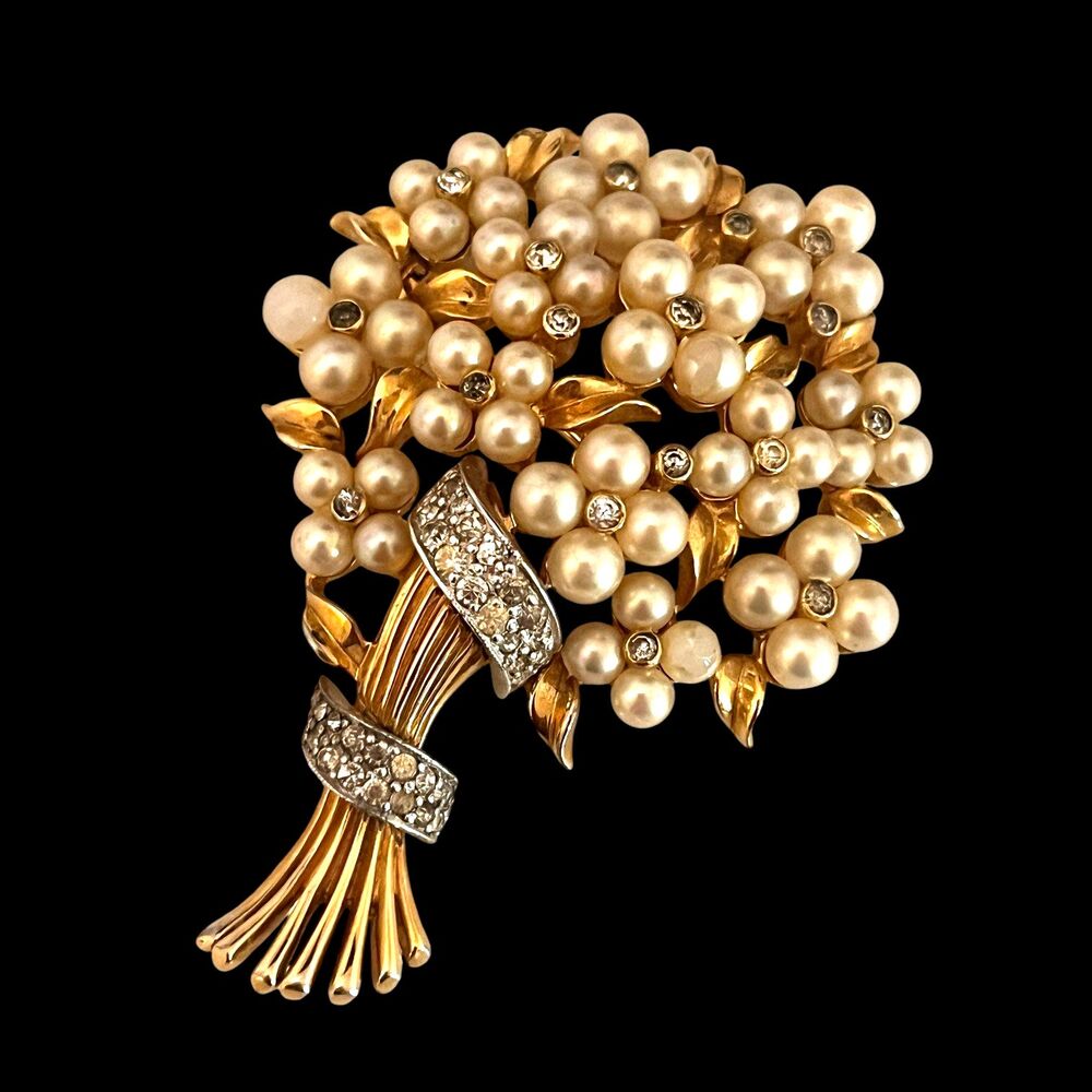 Vintage 1950s Brooch Faux Pearl Rhinestone Floral Bouquet Mid Century - 9P